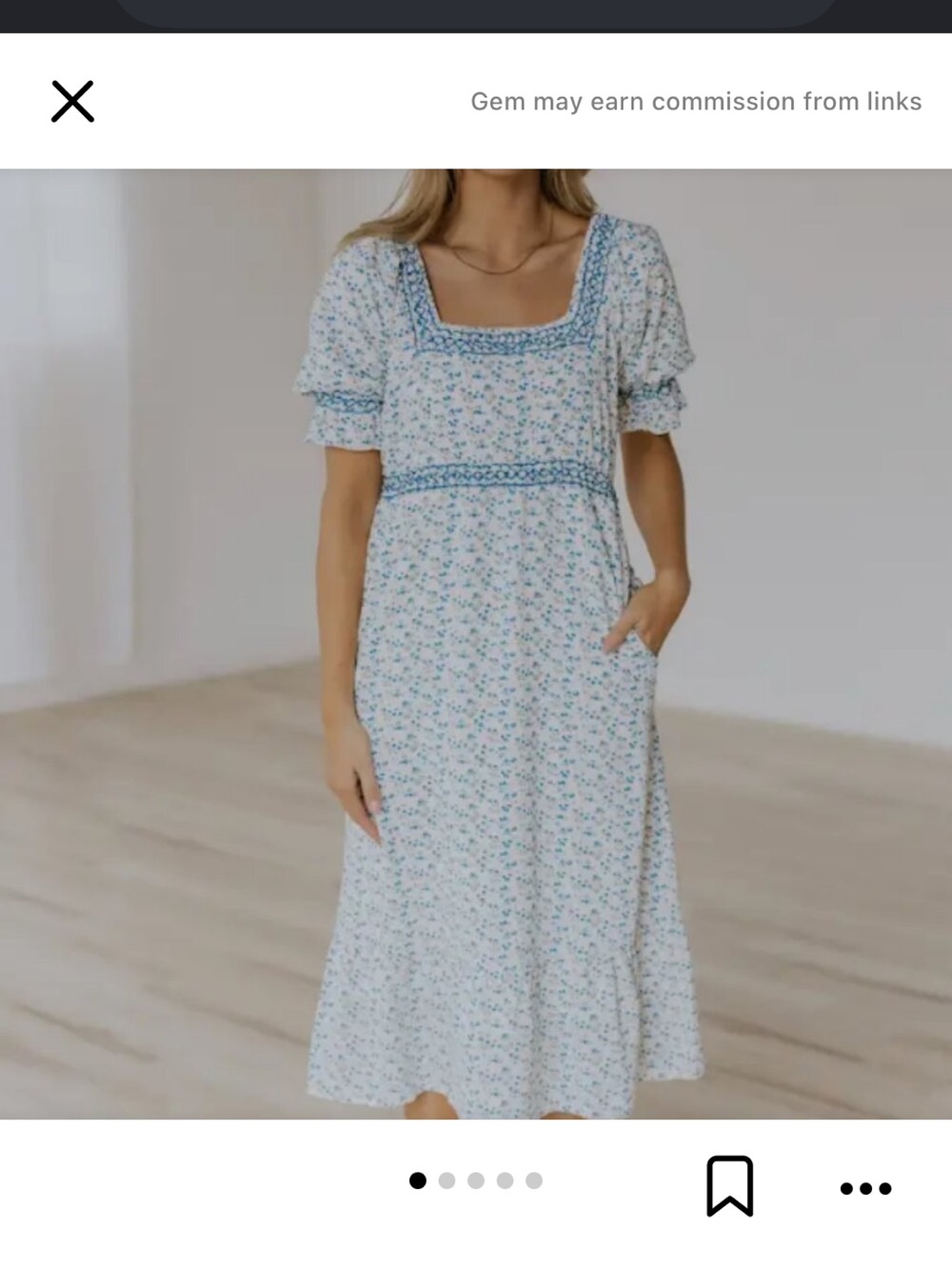 Roolee White Floral Square-Neck Midi Dress with Blue Trim